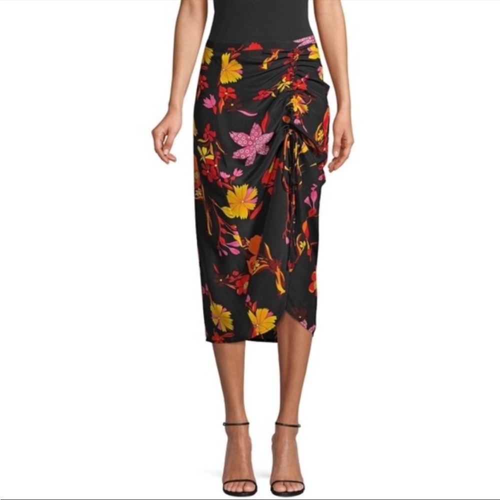 RIXO London Aria Silk Midi Skirt Black Pink Yellow Floral Print Size Small